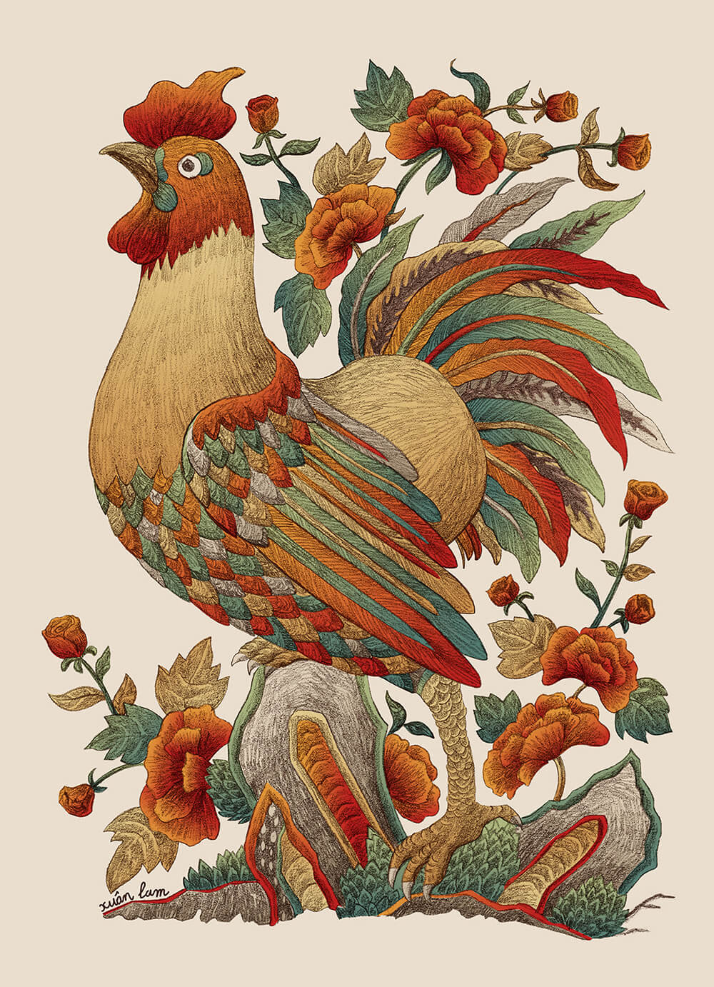 Rooster and Roses